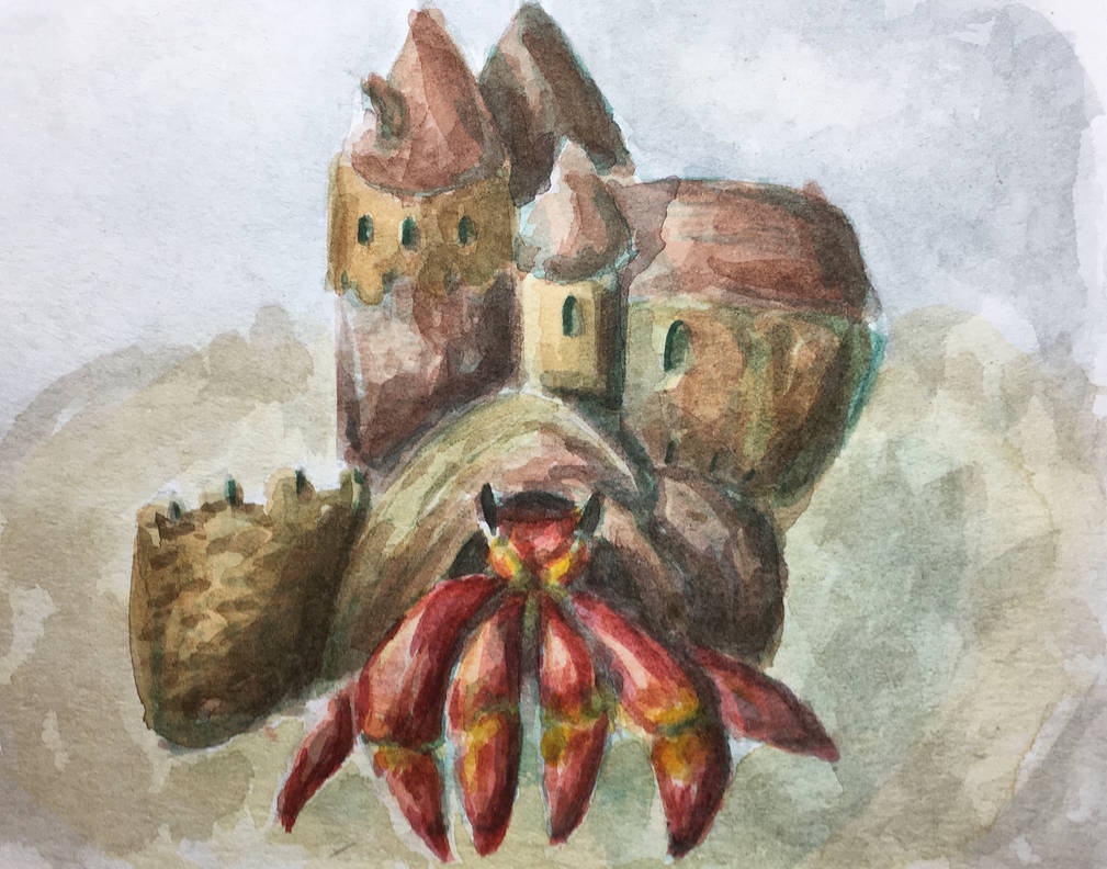 A crab wearing a little castle on his shell