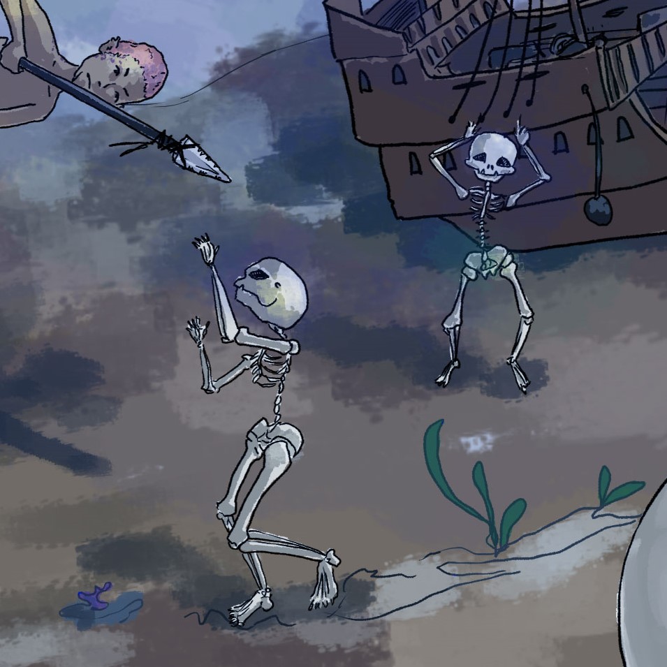 Two skeletons dance and play in the ocean