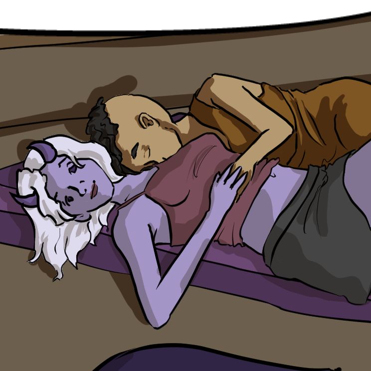 a purple demon woman and a human snuggle on the ground